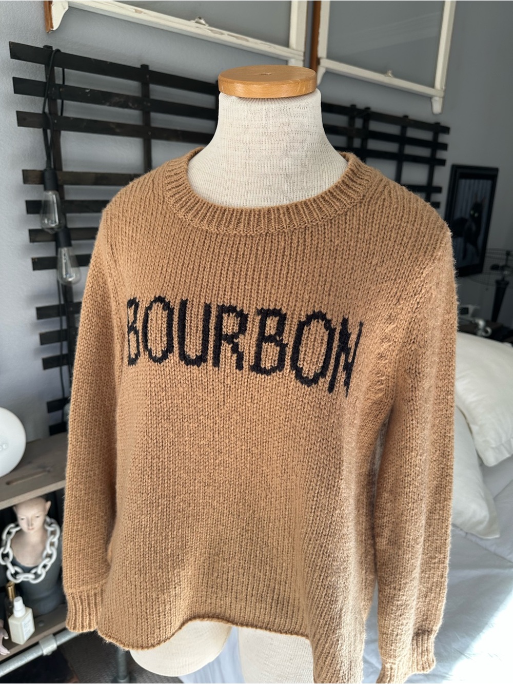 Wooden Ships Camel Crewneck Sweater with Black BOURBON Text size S/M - Picture 2 of 16
